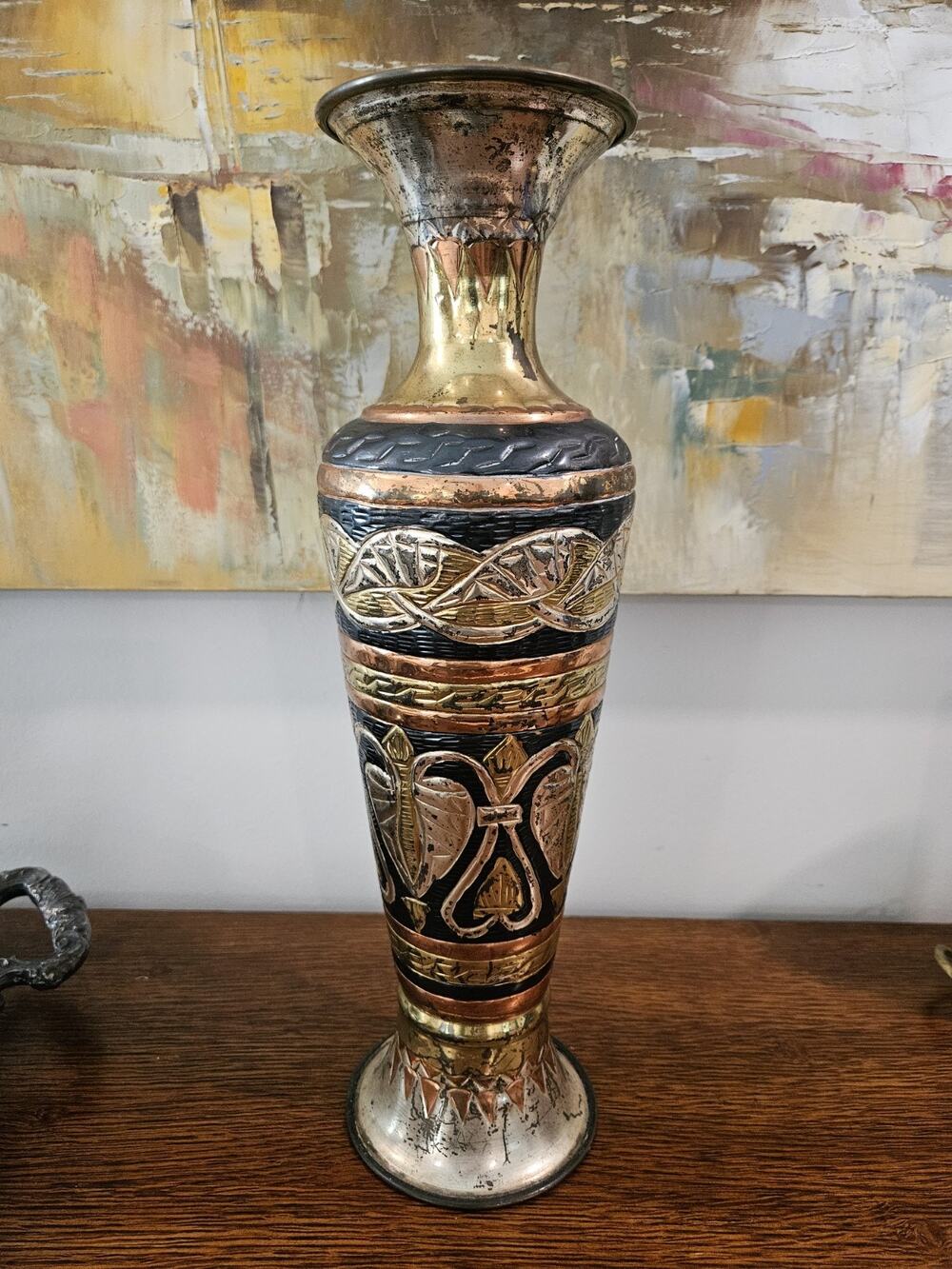 Vintage 12" Vase Black-Brass Etched Art Decor Floral Egyptian Fatema Sultan